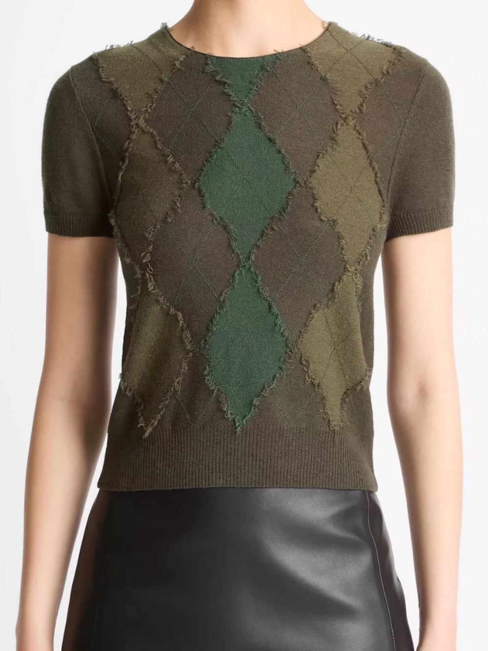 Vince Hand-Cut Argyle Wool-Blend Short-Sleeve Sweater